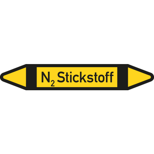 Rohrleitungsetikett N2 Stickstoff, gemäß DIN 2403, gelb-schwarz, für Rohre mit Ø 25 - 40 mm, Standardfolie, 154 x 26 mm, 5 St./Bogen