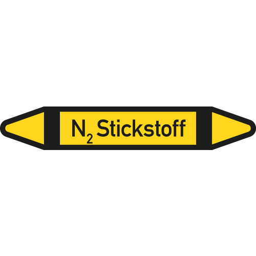 Rohrleitungsetikett N2 Stickstoff, gemäß DIN 2403, gelb-schwarz, für Rohre mit Ø 40 - 60 mm, Standardfolie, 218 x 37 mm, 5 St./Bogen