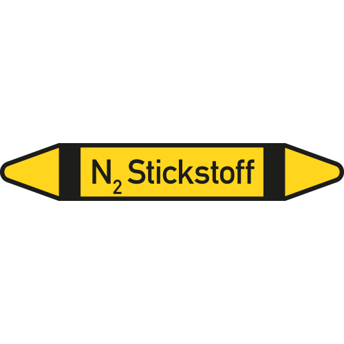 Rohrleitungsetikett N2 Stickstoff, gemäß DIN 2403, gelb-schwarz, für Rohre mit Ø 60 - 90 mm, Standardfolie, 310 x 52 mm, 3 St./Bogen Rohrleitungsetikett N2 Stickstoff, gemäß DIN 2403, gelb-schwarz, für Rohre mit Ø 60 - 90 mm, Standardfolie, 310 x 52 mm, 3 St./Bogen