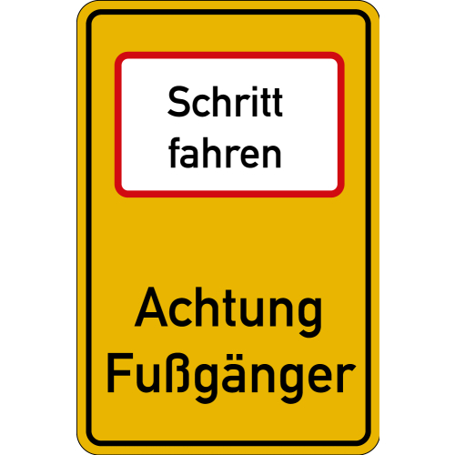 Hauptbild Hinweisschild: Schritt fahren - Achtung Fußgänger, DIN 67520, Aluminium RA2 reflektierend, 600 x 900 mm Hauptbild Hinweisschild: Schritt fahren - Achtung Fußgänger, DIN 67520, Aluminium RA2 reflektierend, 600 x 900 mm