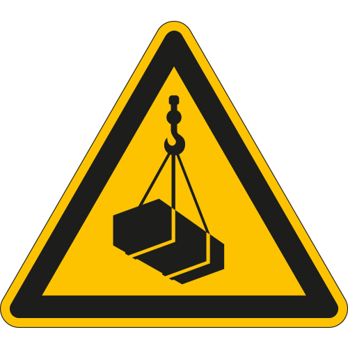 Warnschild: Warnung vor schwebender Last, Dreieck, gelb-schwarz Warnschild: Warnung vor schwebender Last, Dreieck, gelb-schwarz