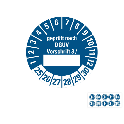 Hauptbild von Prüfplakette geprüft nach DGUV Vorschrift 3 /..., Beschriftungsfeld, 25 - 30, blau, Folie selbstklebend, Ø 30 mm, 10 St./Bogen
