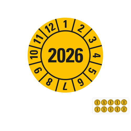 Hauptbild von Jahresprüfplakette 2026, gelb, Folie selbstklebend, Ø 10 mm, 10 St./Bogen