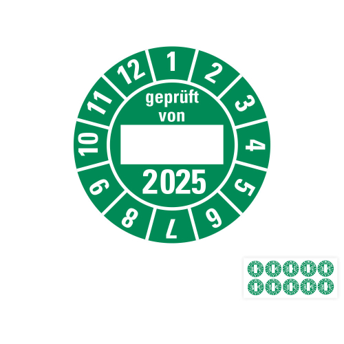 Produkt Hauptbild von Jahresprüfplakette geprüft von, 2025, Beschriftungsfeld, grün, Folie selbstklebend, Ø 30 mm
