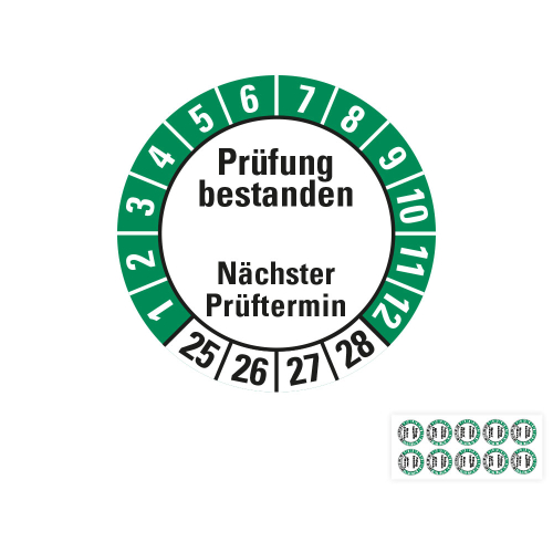 Hauptbild von Prüfplakette Prüfung bestanden Nächster Prüftermin, 25 - 28, weiß-grün, Folie selbstklebend, Ø 30 mm, 10 St./Bogen
