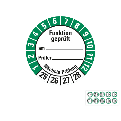 Produkt Hauptbild von Prüfplakette Funktion geprüft am... Prüfer... Nächste Prüfung, 25 - 28, weiß-grün, Folie selbstklebend, Ø 30 mm