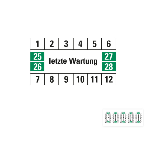 Produkt Hauptbild von Prüfplakette letzte Wartung, 25 - 28, weiß-grün, Folie selbstklebend, 33 x 18 mm, 16 St./Bogen