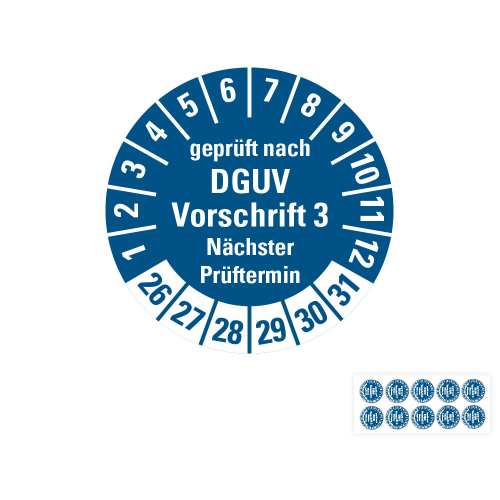 Hauptbild von Prüfplakette geprüft nach DGUV Vorschrift 3 Nächster Prüftermin, 26 - 31, blau, Folie selbstklebend, Ø 20 mm, 10 St./Bogen