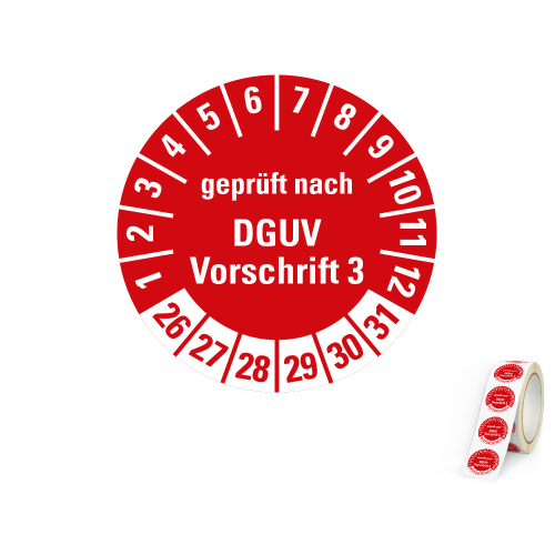 Hauptbild von Prüfplakette geprüft nach DGUV Vorschrift 3, 26 - 31, rot, Folie selbstklebend, Ø 20 mm, 500 St./Rolle