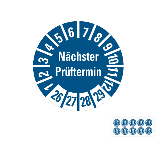 Hauptbild von Prüfplakette Nächster Prüftermin, 26 - 29, blau, Folie selbstklebend, Ø 8 mm, 10 St./Bogen