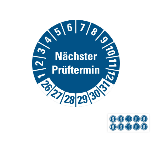 Hauptbild von Prüfplakette Nächster Prüftermin, 26 - 31, blau, Folie selbstklebend, Ø 20 mm, 10 St./Bogen
