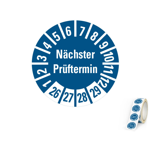 Hauptbild von Prüfplakette Nächster Prüftermin, 26 - 29, blau, Folie selbstklebend, Ø 10 mm, 500 St./Rolle