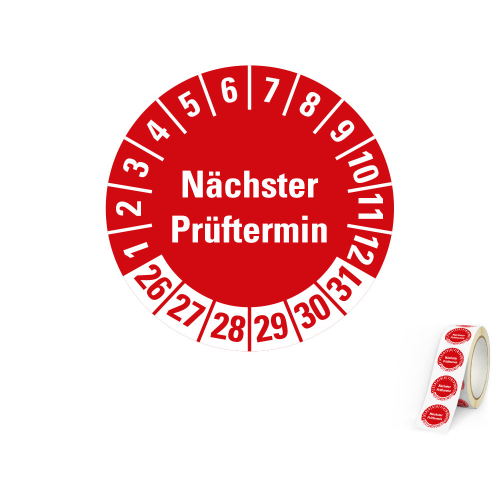 Hauptbild von Prüfplakette Nächster Prüftermin, 26 - 31, rot, Folie selbstklebend, Ø 20 mm, 500 St./Rolle