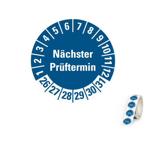 Hauptbild von Prüfplakette Nächster Prüftermin, 26 - 31, blau, Folie selbstklebend, Ø 20 mm, 500 St./Rolle