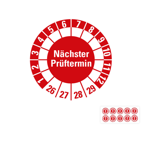 Hauptbild von Prüfplakette Nächster Prüftermin, 26 - 29, rot, Freifelder, Folie selbstklebend, Ø 30 mm, 10 St./Bogen