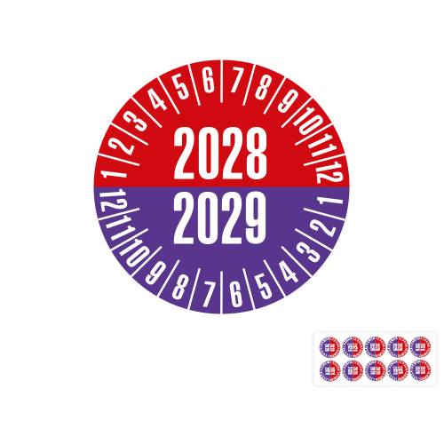 Hauptbild von Prüfplakette 2028/2029, rot-violett, Folie selbstklebend, Ø 20 mm, 10 St./Bogen