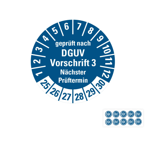 Hauptbild von Prüfplakette geprüft nach DGUV Vorschrift 3 Nächster Prüftermin, 25 - 30, blau, Folie selbstklebend, Ø 20 mm, 10 St./Bogen