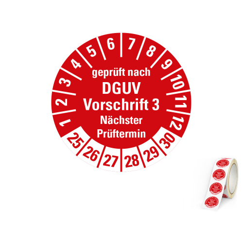 Hauptbild von Prüfplakette geprüft nach DGUV Vorschrift 3 Nächster Prüftermin, 25 - 30, rot, Folie selbstklebend, Ø 30 mm, 500 St./Rolle
