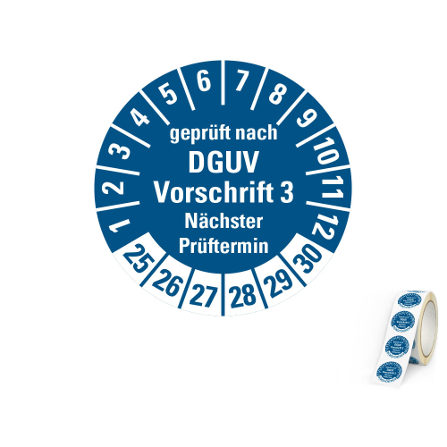Hauptbild von Prüfplakette geprüft nach DGUV Vorschrift 3 Nächster Prüftermin, 25 - 30, blau, Folie selbstklebend, Ø 30 mm, 500 St./Rolle