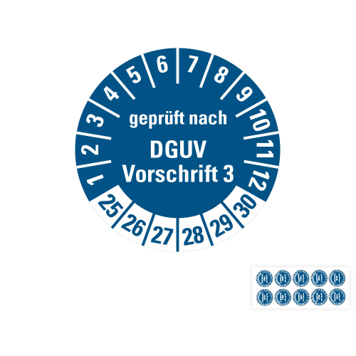 Hauptbild von Prüfplakette geprüft nach DGUV Vorschrift 3, 25 - 30, blau, Folie selbstklebend, Ø 30 mm, 10 St./Bogen