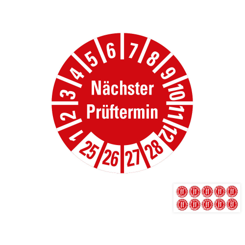 Hauptbild von Prüfplakette Nächster Prüftermin, 25 - 28, rot, Folie selbstklebend, Ø 10 mm, 10 St./Bogen