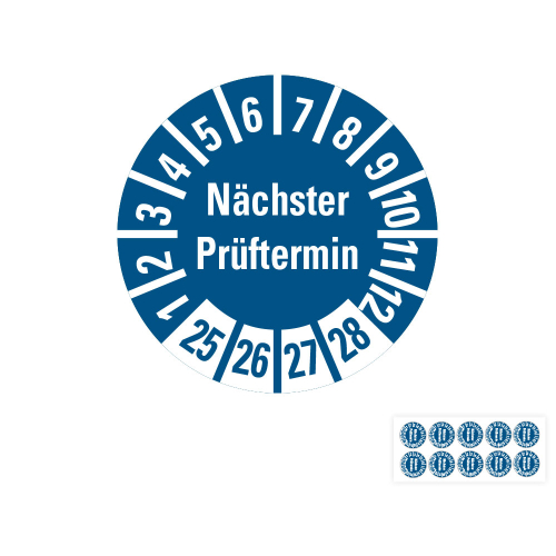 Hauptbild von Prüfplakette Nächster Prüftermin, 25 - 28, blau, Folie selbstklebend, Ø 10 mm, 10 St./Bogen