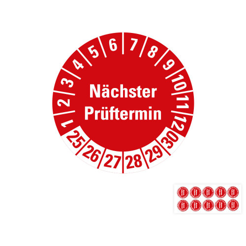 Hauptbild von Prüfplakette Nächster Prüftermin, 25 - 30, rot, Folie selbstklebend, Ø 15 mm, 10 St./Bogen