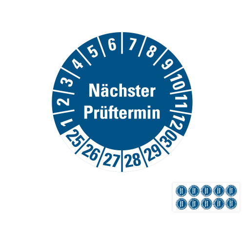 Hauptbild von Prüfplakette Nächster Prüftermin, 25 - 30, blau, Folie selbstklebend, Ø 15 mm, 10 St./Bogen