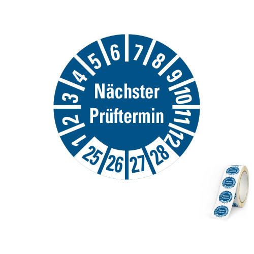 Hauptbild von Prüfplakette Nächster Prüftermin, 25 - 28, blau, Folie selbstklebend, Ø 10 mm, 500 St./Rolle