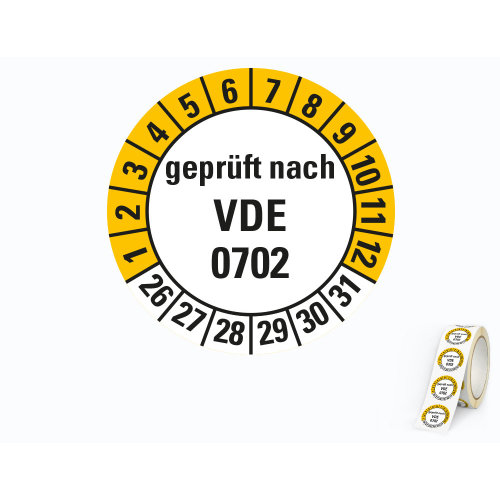 Hauptbild von Prüfplakette geprüft nach VDE 0702, 26 - 31, weiß-gelb, Folie selbstklebend, Ø 20 mm, 500 St./Rolle