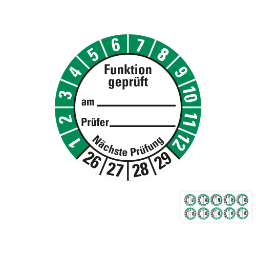 Produkt Hauptbild von Prüfplakette Funktion geprüft am... Prüfer... Nächste Prüfung, 26 - 29, weiß-grün, Folie selbstklebend, Ø 30 mm