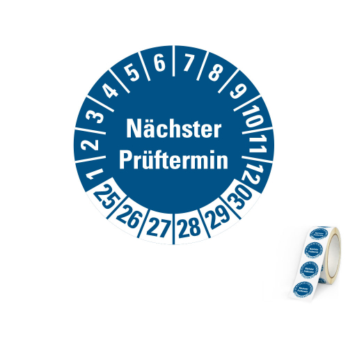 Hauptbild von Prüfplakette Nächster Prüftermin, 25 - 30, blau, fälschungssichere Folie, Ø 15 mm, 500 St./Rolle