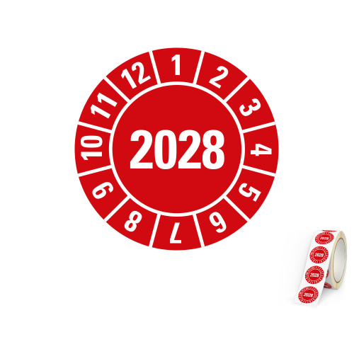 Hauptbild von Jahresprüfplakette 2028, rot, Folie selbstklebend, Ø 15 mm, 500 St./Rolle