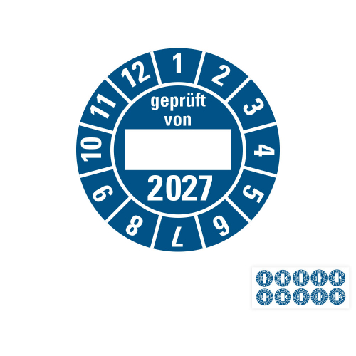Produkt Hauptbild von Jahresprüfplakette geprüft von, 2027, Beschriftungsfeld, blau, Folie selbstklebend, Ø 30 mm