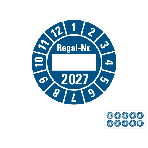 Produkt Hauptbild von Jahresprüfplakette Regal-Nr., 2027, Beschriftungsfeld, blau, Folie selbstklebend, Ø 30 mm