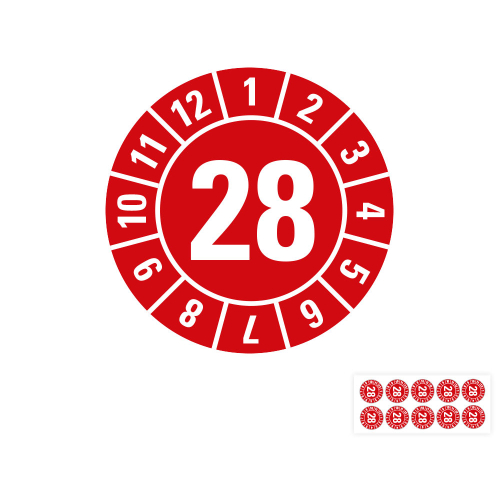 Hauptbild von Jahresprüfplakette 28, rot, Folie selbstklebend, Ø 8 mm, 10 St./Bogen