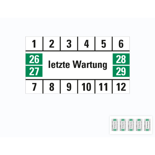 Hauptbild von Prüfplakette letzte Wartung, 26 - 29, weiß-grün, Folie selbstklebend, 33 x 18 mm, 16 St./Bogen