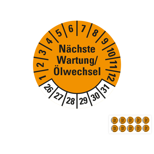 Produkt Hauptbild von Prüfplakette Nächste Wartung/Ölwechsel, 26 - 31, orange, Folie selbstklebend, Ø 30 mm