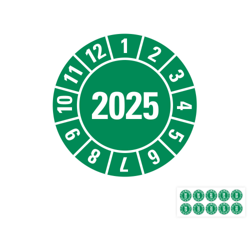Hauptbild von Jahresprüfplakette 2025, grün, Folie für ölige Untergründe, Ø 10 mm, 10 St./Bogen