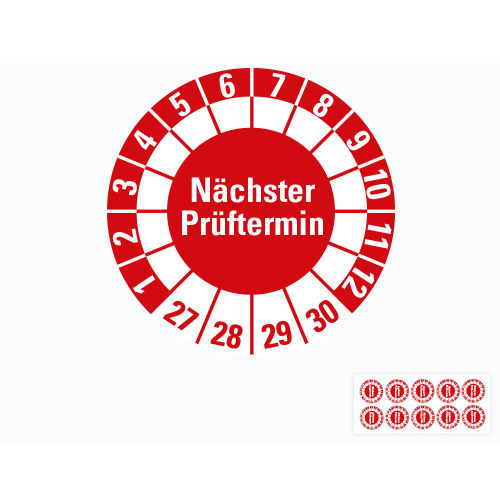 Hauptbild von Prüfplakette Nächster Prüftermin, 27 - 30, rot, Freifelder, Standardfolie, Ø 30 mm, 10 St./Bogen