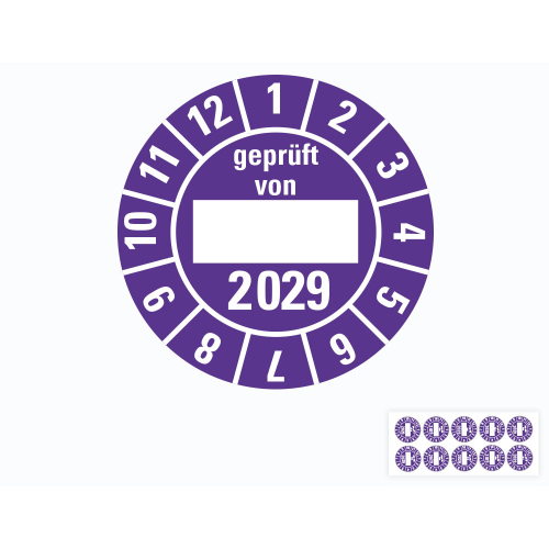 Hauptbild von Jahresprüfplakette geprüft von, 2029, Beschriftungsfeld, violett, Standardfolie, Ø 30 mm, 10 St./Bogen