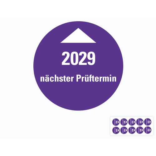 Hauptbild von Systemprüfplakette Nächster Prüftermin, 2029, violett, Standardfolie, Ø 30 mm, 10 St./Bogen