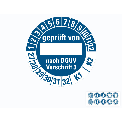Hauptbild von Prüfplakette geprüft von... nach DGUV Vorschrift 3 K1 K2, Beschriftungsfeld, 27 - 32, blau, Standardfolie, Ø 30 mm, 10 St./Bogen