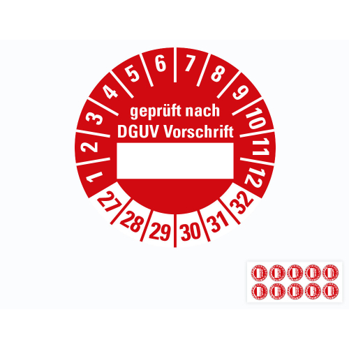 Hauptbild von Prüfplakette geprüft nach DGUV Vorschrift, Beschriftungsfeld, 27 - 32, rot, Standardfolie, Ø 30 mm, 10 St./Bogen