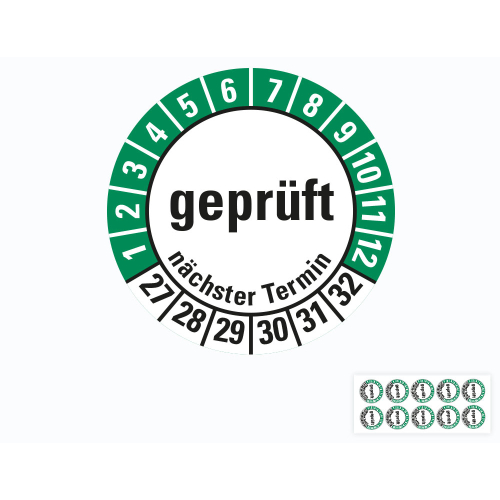 Hauptbild von Prüfplakette geprüft nächster Termin, 27 - 32, weiß-grün, Standardfolie, Ø 30 mm, 10 St./Bogen