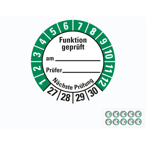 Hauptbild von Prüfplakette Funktion geprüft am... Prüfer... Nächste Prüfung, 27 - 30, weiß-grün, Standardfolie, Ø 30 mm, 10 St./Bogen