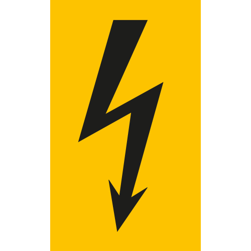 Warnschild: Blitzpfeil, gelb-schwarz Warnschild: Blitzpfeil, gelb-schwarz