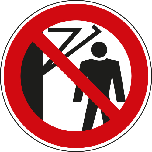 Verbotsschild: Hinter den Schwenkarm treten verboten, DIN, weiß-rot, Folie selbstklebend, Ø 100 mm oder 200 mm, nur als Einzelstück