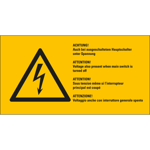 Warnschild: ACHTUNG! Auch bei ausgeschaltetem Hauptschalter unter Spannung, 4-sprachig, Blitzpfeil, RoHS konform, Folie selbstklebend, zwei Größen, nur als Einzelstück
