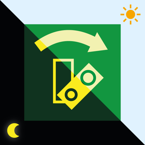 Tag- und Nachbild PERMALIGHT® power Rettungszeichen: Ersatzschild für Türwächter Drehrichtung rechts, Standardfolie lang nachleuchtend, 35 x 35 mm
